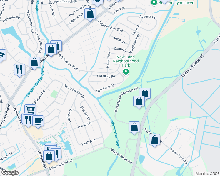 map of restaurants, bars, coffee shops, grocery stores, and more near 1267 New Land Drive in Virginia Beach