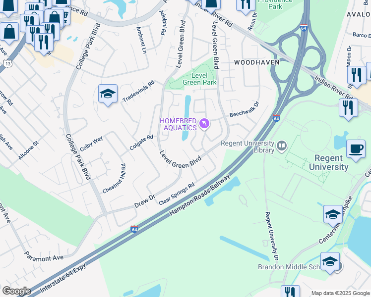 map of restaurants, bars, coffee shops, grocery stores, and more near 1210 Owl Court in Virginia Beach