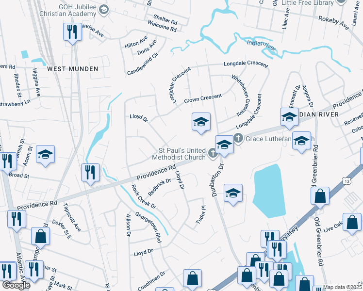 map of restaurants, bars, coffee shops, grocery stores, and more near 408 Maiden Lane in Chesapeake