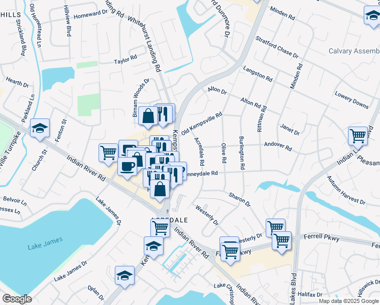 map of restaurants, bars, coffee shops, grocery stores, and more near 1232 Kempsville Road in Virginia Beach