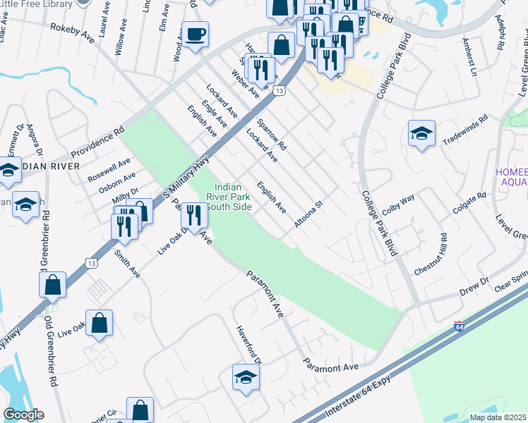map of restaurants, bars, coffee shops, grocery stores, and more near 2105 Miller Avenue in Chesapeake