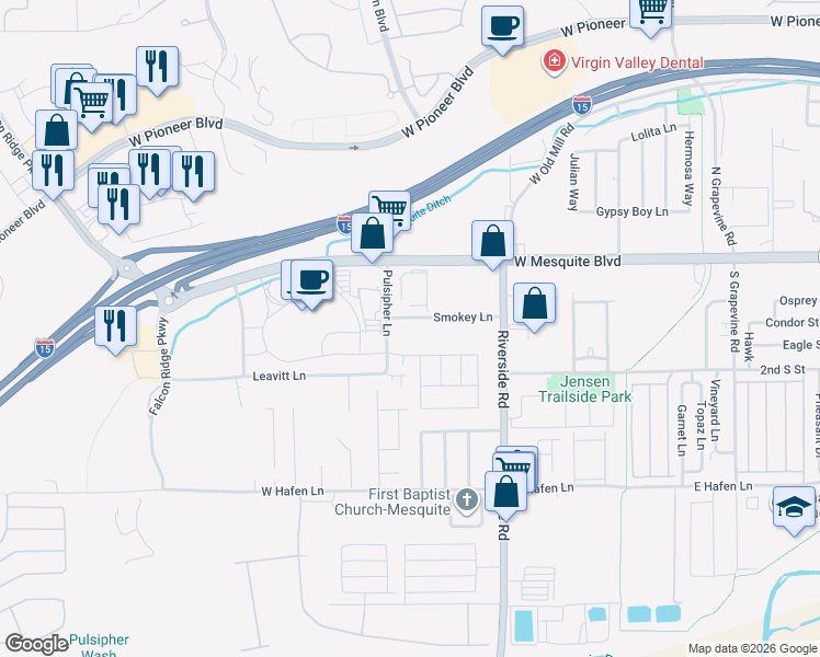map of restaurants, bars, coffee shops, grocery stores, and more near 895 Santa Theresa Way in Mesquite