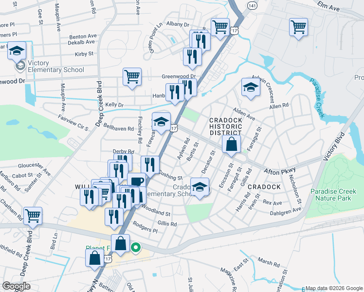 map of restaurants, bars, coffee shops, grocery stores, and more near 24 Channing Avenue in Portsmouth