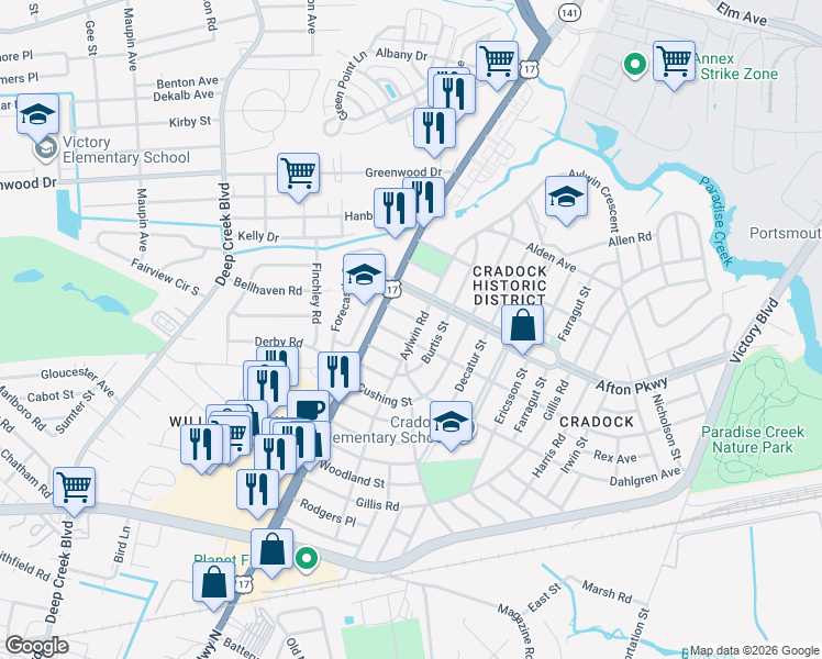map of restaurants, bars, coffee shops, grocery stores, and more near 24 Channing Avenue in Portsmouth