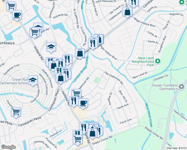 map of restaurants, bars, coffee shops, grocery stores, and more near 3205 Chesterton Court in Virginia Beach