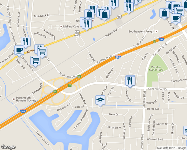 map of restaurants, bars, coffee shops, grocery stores, and more near 4640 Greenwood Drive in Portsmouth