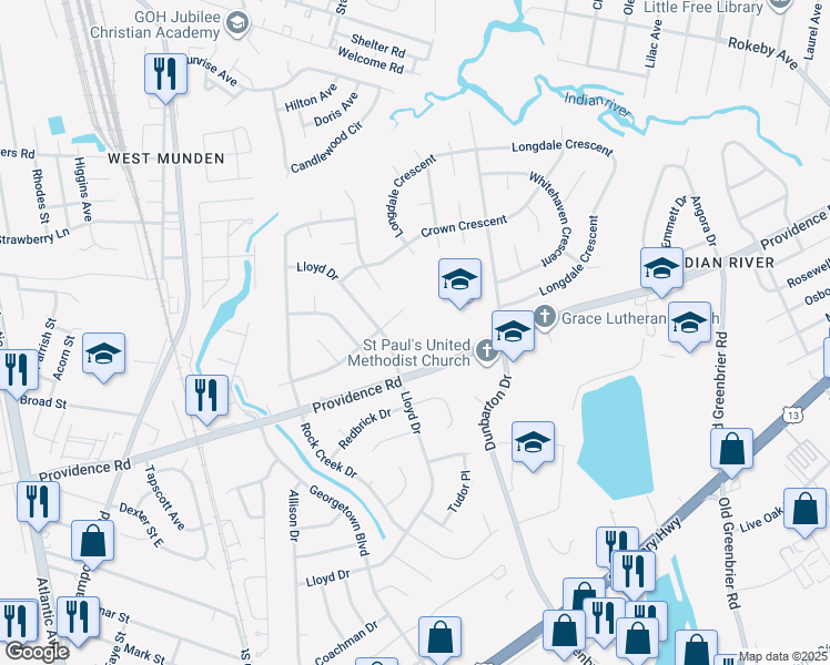 map of restaurants, bars, coffee shops, grocery stores, and more near 408 Maiden Lane in Chesapeake