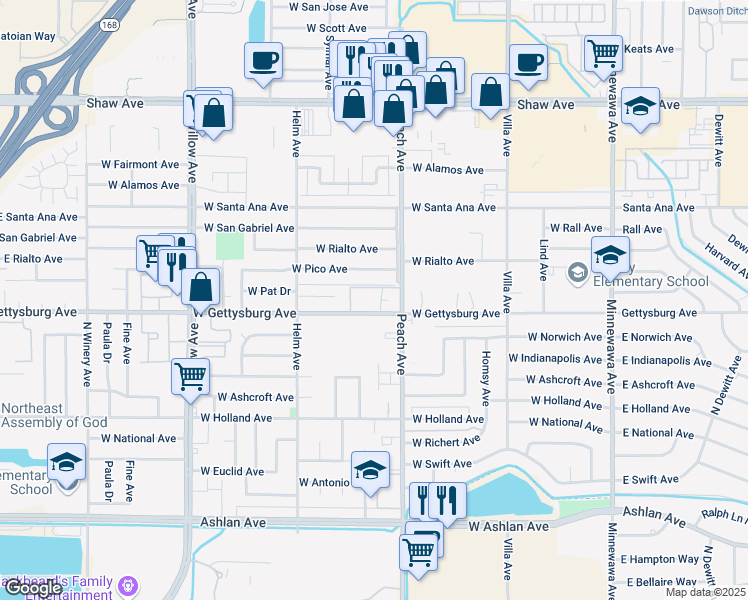 map of restaurants, bars, coffee shops, grocery stores, and more near 440 West Gettysburg Avenue in Clovis