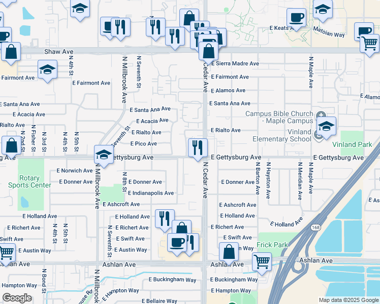 map of restaurants, bars, coffee shops, grocery stores, and more near 4134 East Gettysburg Avenue in Fresno