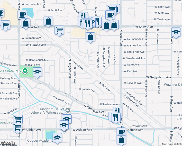 map of restaurants, bars, coffee shops, grocery stores, and more near 1808 West Gettysburg Avenue in Fresno