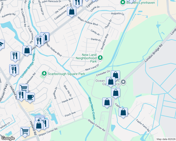 map of restaurants, bars, coffee shops, grocery stores, and more near 2835 Crusader Circle in Virginia Beach