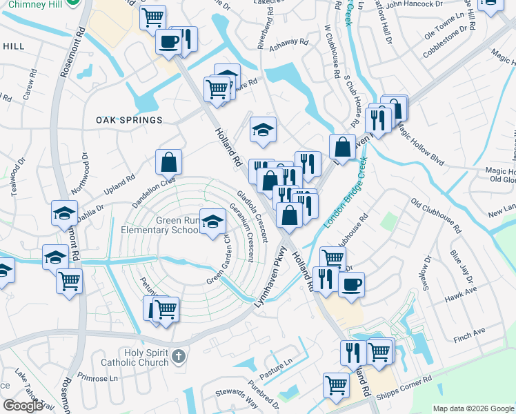 map of restaurants, bars, coffee shops, grocery stores, and more near 1200 Gladiola Crescent in Virginia Beach