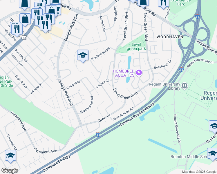 map of restaurants, bars, coffee shops, grocery stores, and more near 6217 Appaloosa Court in Virginia Beach