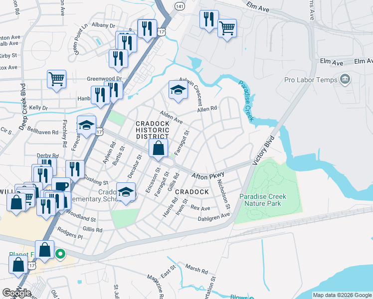 map of restaurants, bars, coffee shops, grocery stores, and more near 81 Afton Parkway in Portsmouth