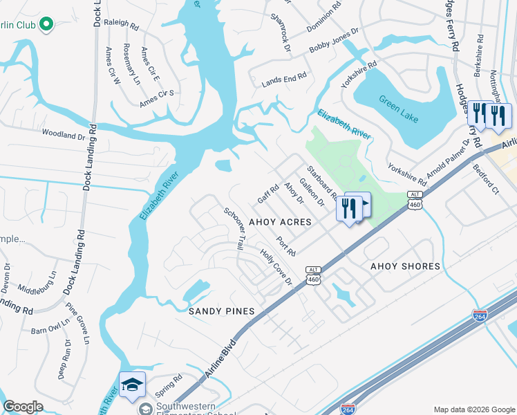 map of restaurants, bars, coffee shops, grocery stores, and more near 3964 Port Road in Chesapeake