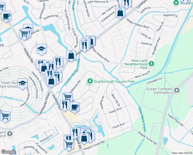 map of restaurants, bars, coffee shops, grocery stores, and more near 3211 Dunnebrook Drive in Virginia Beach