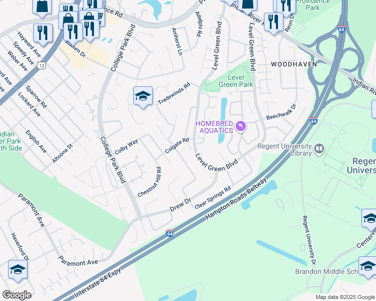 map of restaurants, bars, coffee shops, grocery stores, and more near 1293 Clydesdale Lane in Virginia Beach