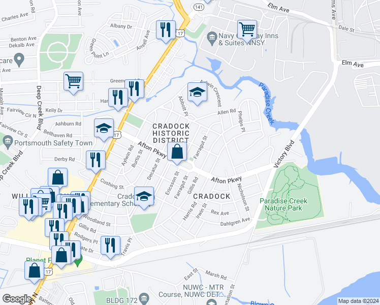map of restaurants, bars, coffee shops, grocery stores, and more near 36 Emmons Place in Portsmouth
