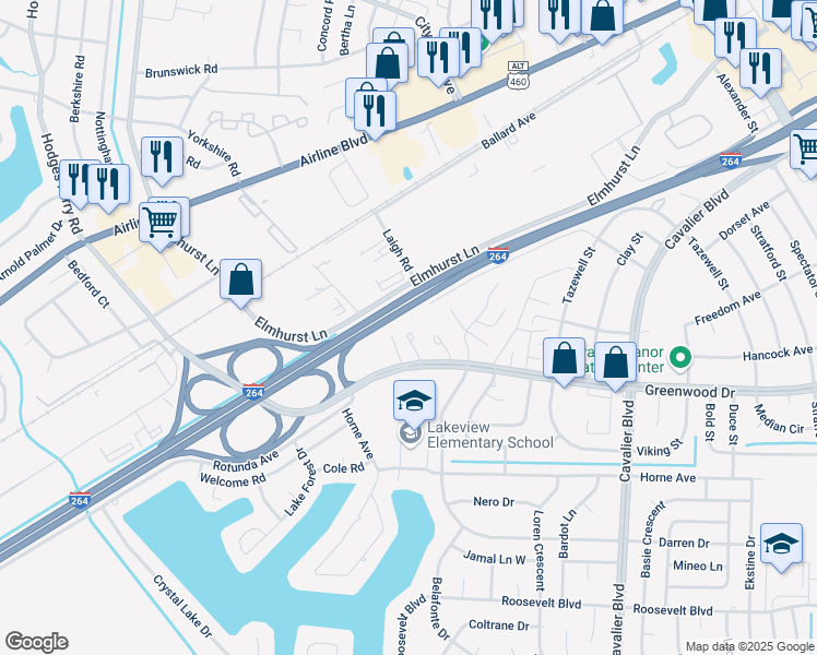 map of restaurants, bars, coffee shops, grocery stores, and more near 4636 Greenwood Drive in Portsmouth
