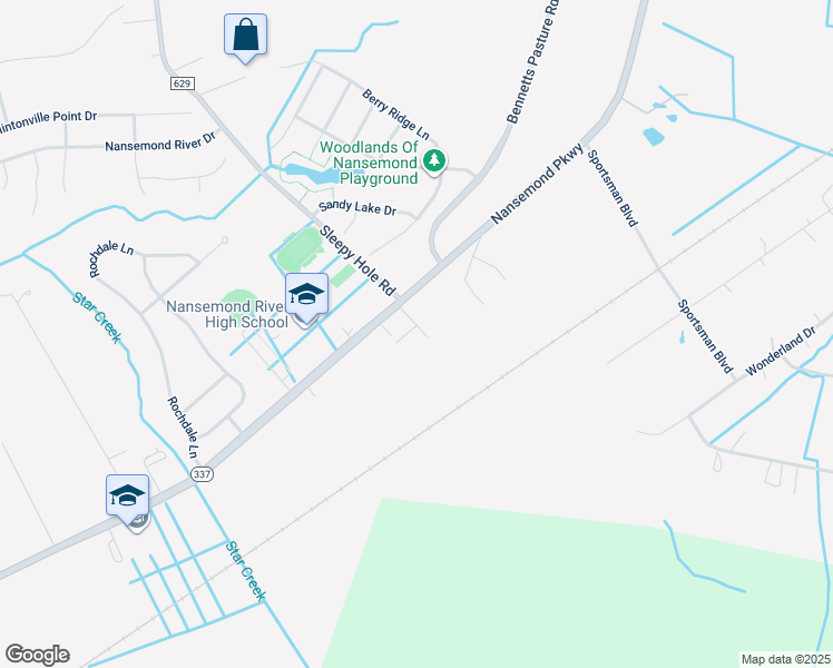 map of restaurants, bars, coffee shops, grocery stores, and more near 4000 Happy's Drive in Suffolk