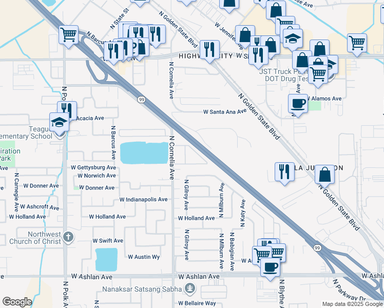map of restaurants, bars, coffee shops, grocery stores, and more near 4498 North Cornelia Avenue in Fresno