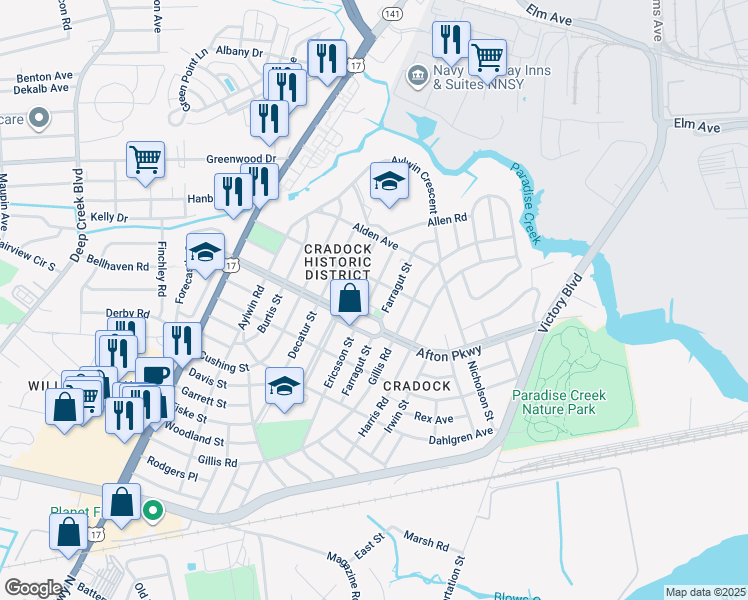 map of restaurants, bars, coffee shops, grocery stores, and more near 36 Emmons Place in Portsmouth