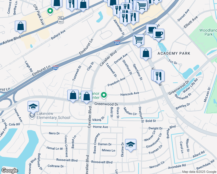 map of restaurants, bars, coffee shops, grocery stores, and more near 911 Freedom Avenue in Portsmouth