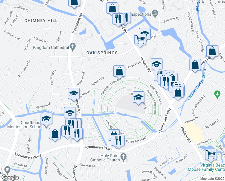 map of restaurants, bars, coffee shops, grocery stores, and more near 3465 Daffodil Crescent in Virginia Beach