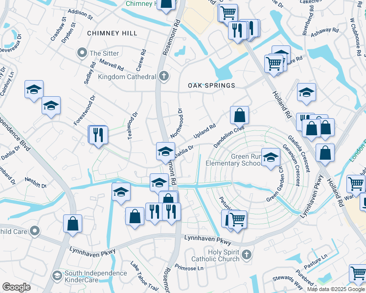 map of restaurants, bars, coffee shops, grocery stores, and more near 3789 Upland Road in Virginia Beach