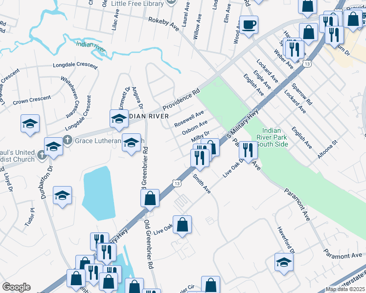 map of restaurants, bars, coffee shops, grocery stores, and more near 703 Milby Drive in Chesapeake