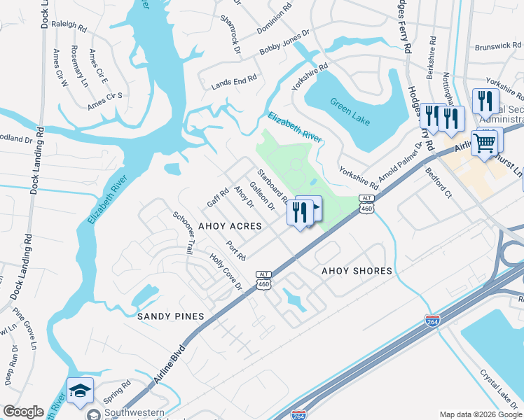 map of restaurants, bars, coffee shops, grocery stores, and more near 3901 Ahoy Drive in Chesapeake
