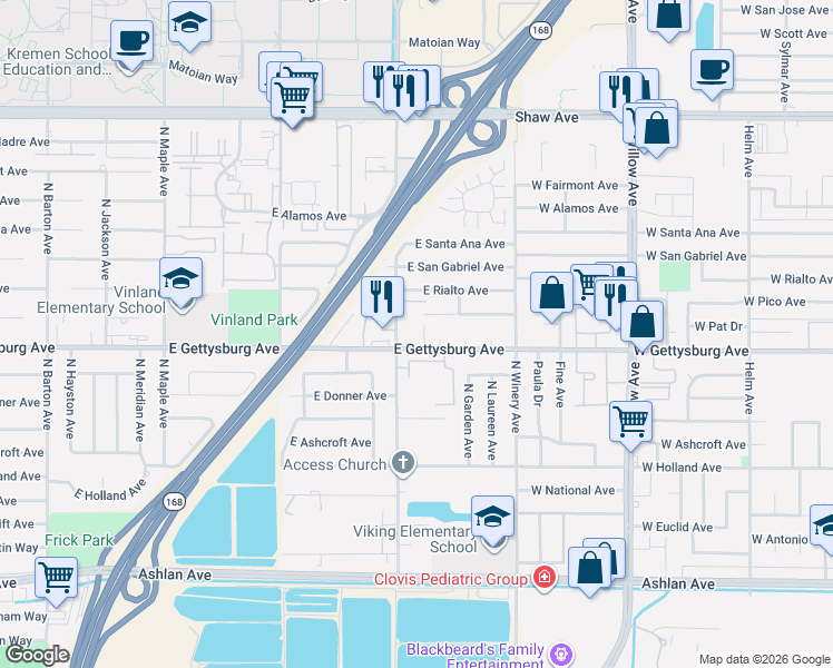 map of restaurants, bars, coffee shops, grocery stores, and more near 4654 North Chestnut Avenue in Fresno