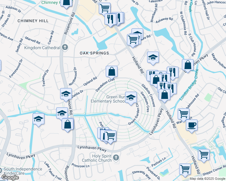 map of restaurants, bars, coffee shops, grocery stores, and more near 3448 Daffodil Crescent in Virginia Beach