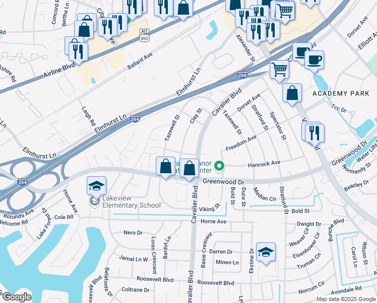 map of restaurants, bars, coffee shops, grocery stores, and more near 1105 Freedom Avenue in Portsmouth
