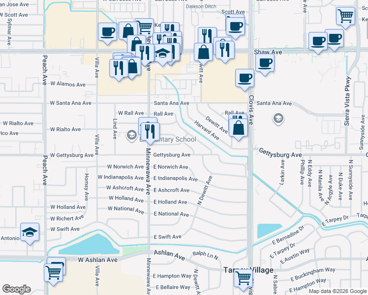 map of restaurants, bars, coffee shops, grocery stores, and more near 225 Pico Avenue in Clovis
