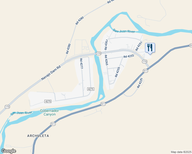 map of restaurants, bars, coffee shops, grocery stores, and more near 23 County Road 4275 in Navajo Dam