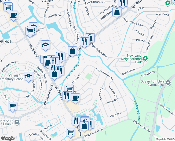map of restaurants, bars, coffee shops, grocery stores, and more near 3211 Dunnebrook Court in Virginia Beach