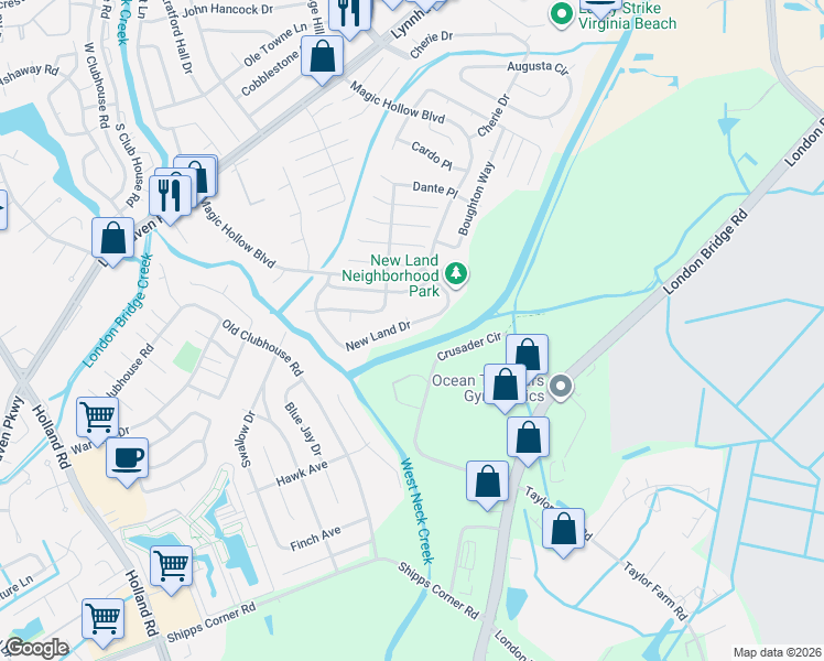 map of restaurants, bars, coffee shops, grocery stores, and more near 1102 Rebel Run Court in Virginia Beach