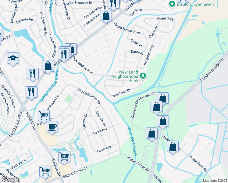 map of restaurants, bars, coffee shops, grocery stores, and more near 2942 Delaware Crossing in Virginia Beach