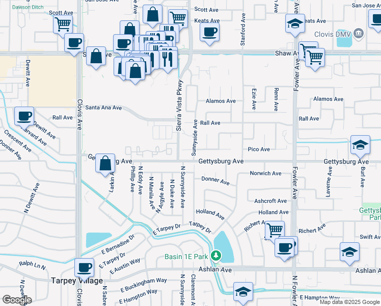 map of restaurants, bars, coffee shops, grocery stores, and more near 1345 Gettysburg Avenue in Clovis