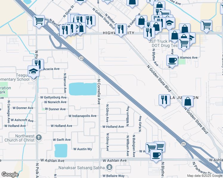 map of restaurants, bars, coffee shops, grocery stores, and more near 4488 North Cornelia Avenue in Fresno