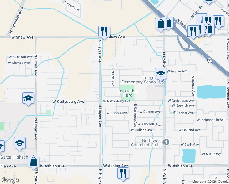 map of restaurants, bars, coffee shops, grocery stores, and more near 5868 West Rialto Avenue in Fresno