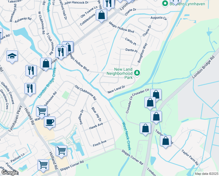 map of restaurants, bars, coffee shops, grocery stores, and more near 2942 Delaware Crossing in Virginia Beach
