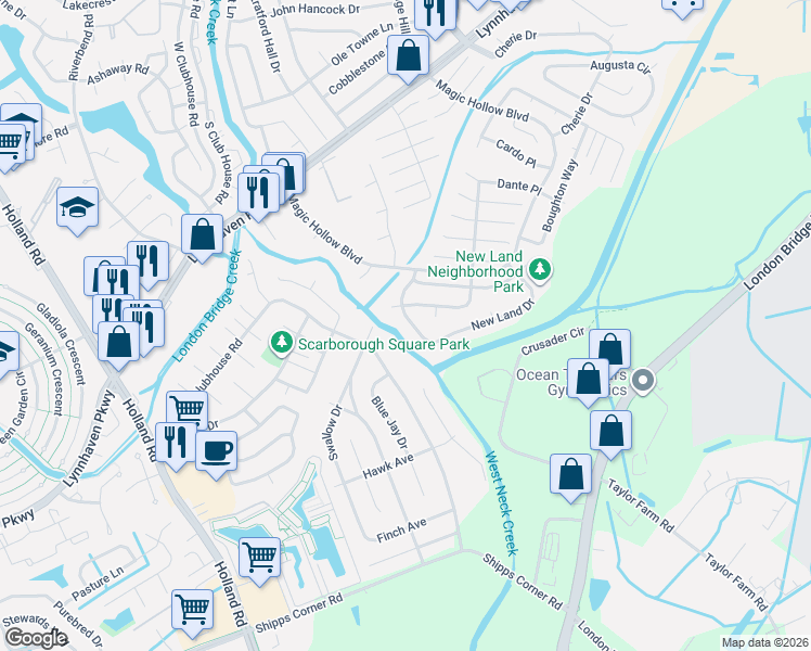 map of restaurants, bars, coffee shops, grocery stores, and more near 2966 Delaware Crossing in Virginia Beach