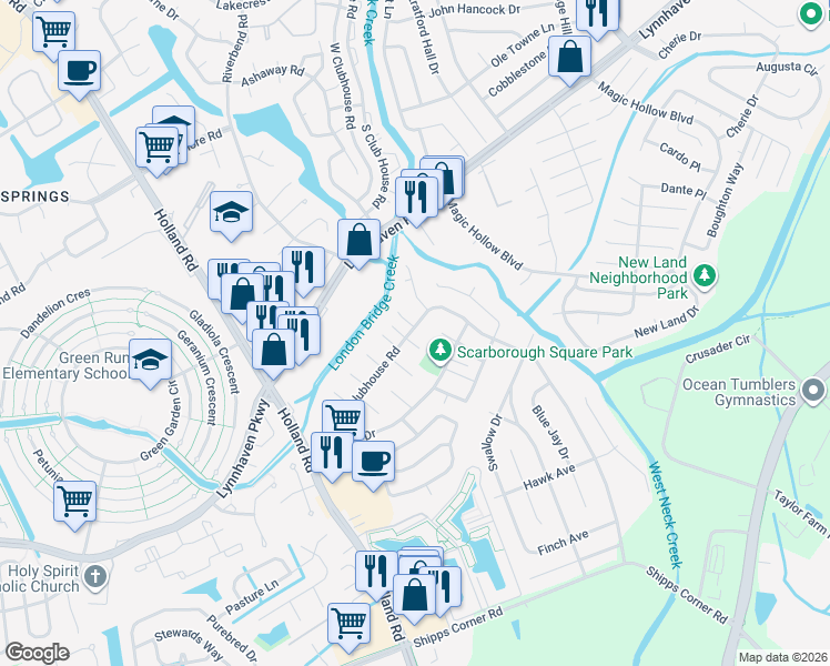 map of restaurants, bars, coffee shops, grocery stores, and more near 3201 Creekside Drive in Virginia Beach
