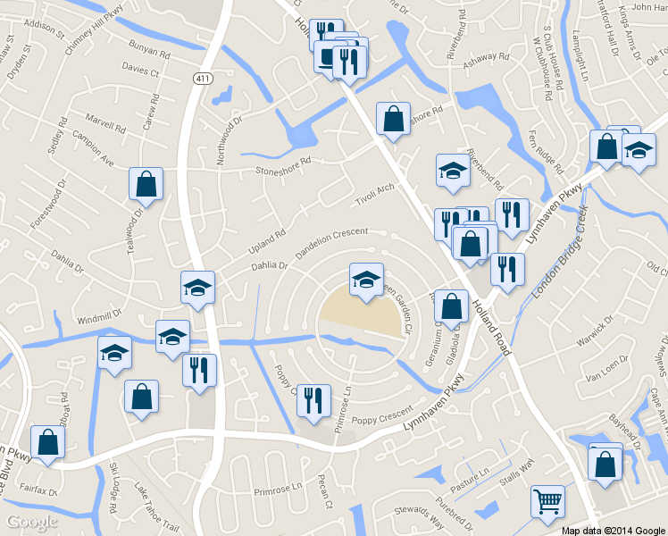 map of restaurants, bars, coffee shops, grocery stores, and more near 3448 Daffodil Crescent in Virginia Beach