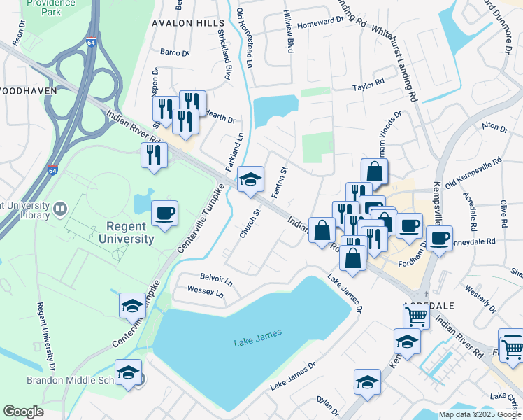 map of restaurants, bars, coffee shops, grocery stores, and more near 5556 Indian River Road in Virginia Beach