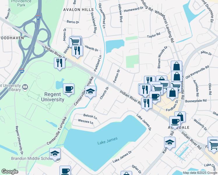 map of restaurants, bars, coffee shops, grocery stores, and more near 5556 Indian River Road in Virginia Beach