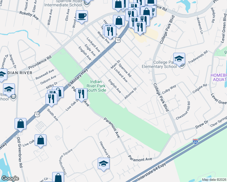 map of restaurants, bars, coffee shops, grocery stores, and more near 2044 English Avenue in Chesapeake