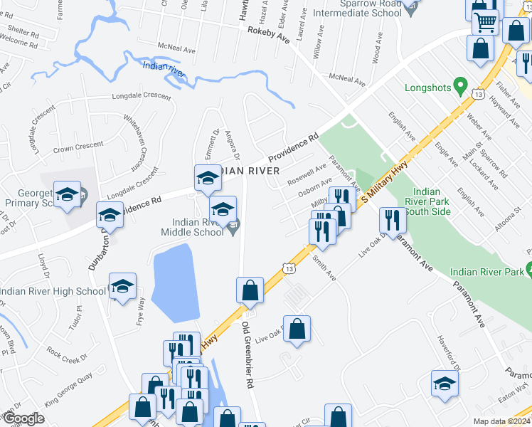 map of restaurants, bars, coffee shops, grocery stores, and more near 638 Osborn Avenue in Chesapeake